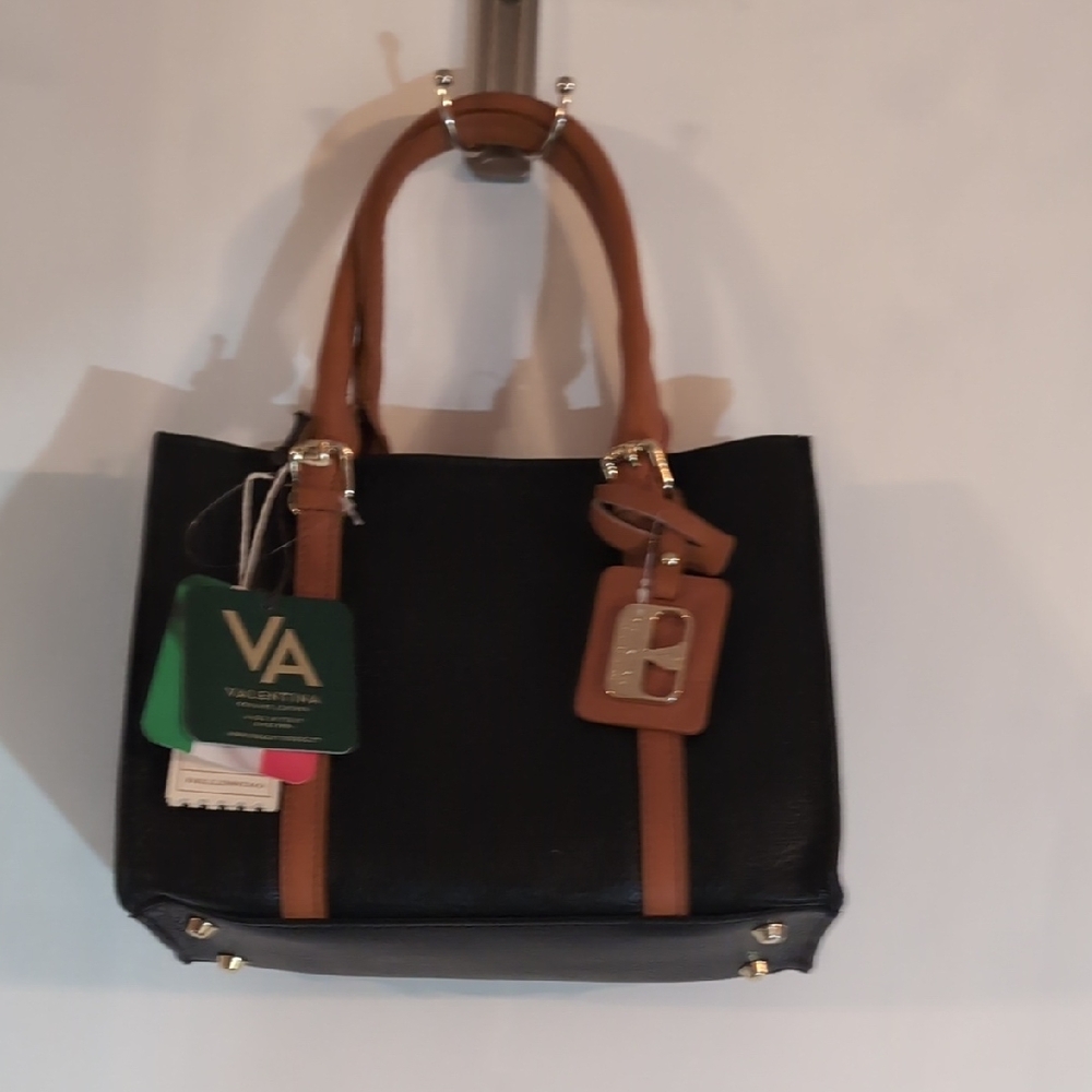 Structured Black Tote with Brown Leather Accents